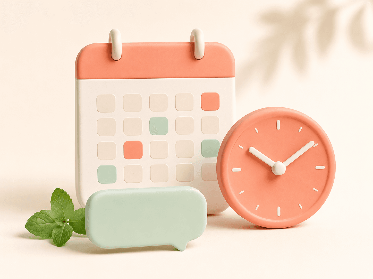 Still life of a rounded calendar block, a mint leaf, a message bubble and a coral clock face