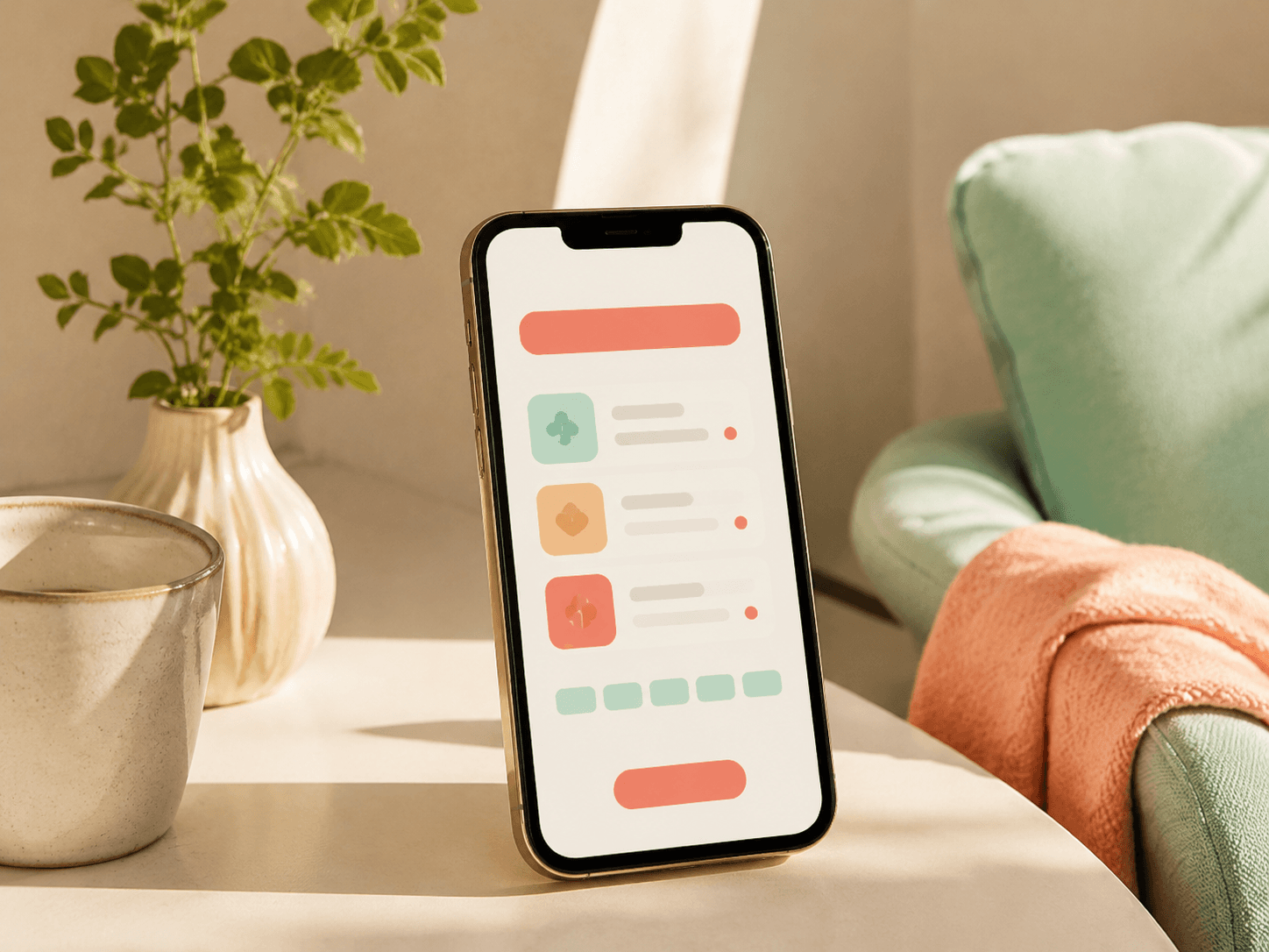Phone showing an abstract customer booking page with stacked service blocks and mint time chips