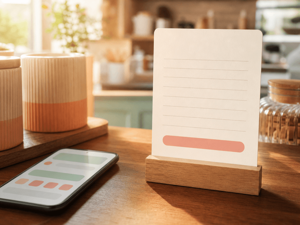 Printed cream policy card on a wooden counter beside a phone