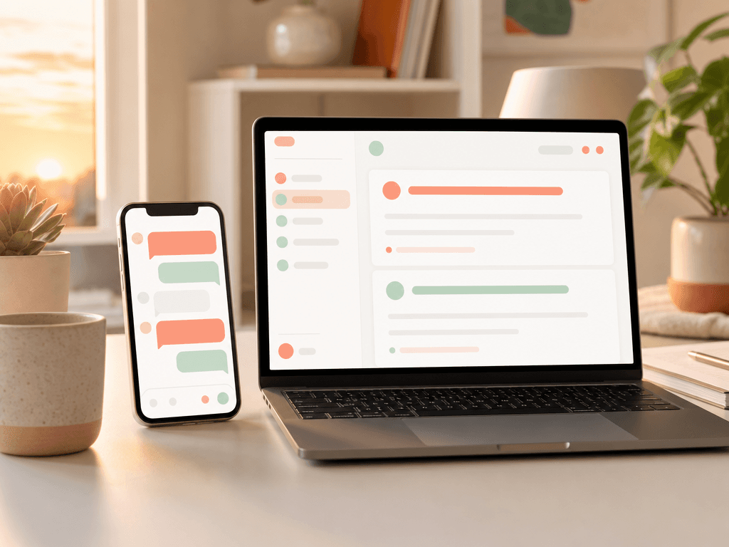 Phone and laptop showing abstract confirmation and reminder message layouts