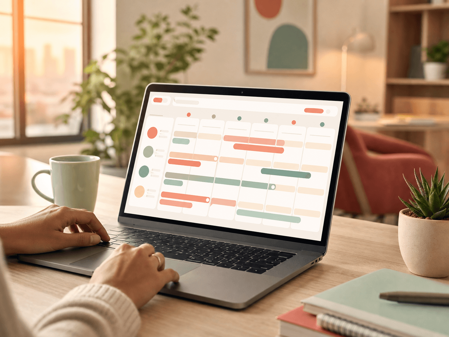 Laptop showing an abstract weekly rota board with coral and mint shift blocks