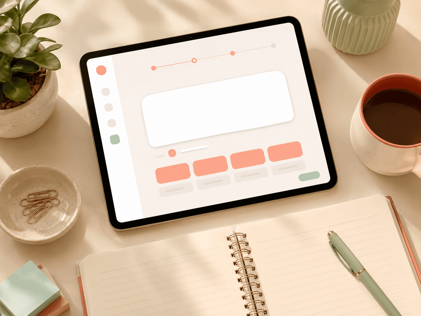 Tablet on a cream desk showing an abstract service description panel in coral and mint