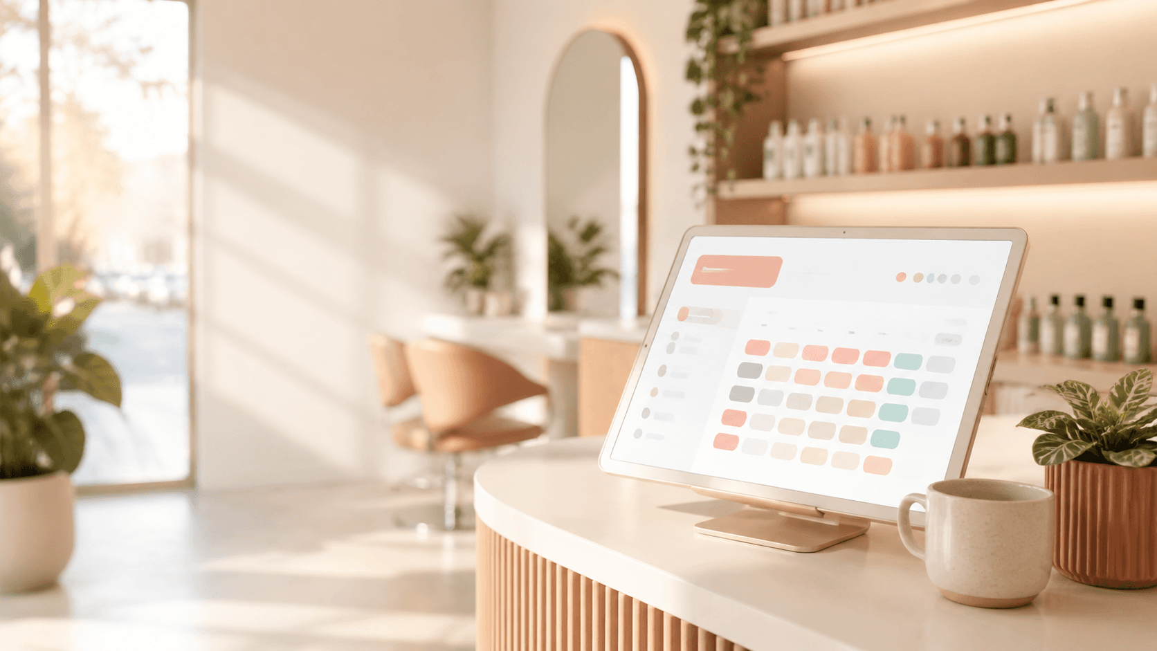 Independent salon reception counter in warm morning light with a tablet showing an illustrative booking interface