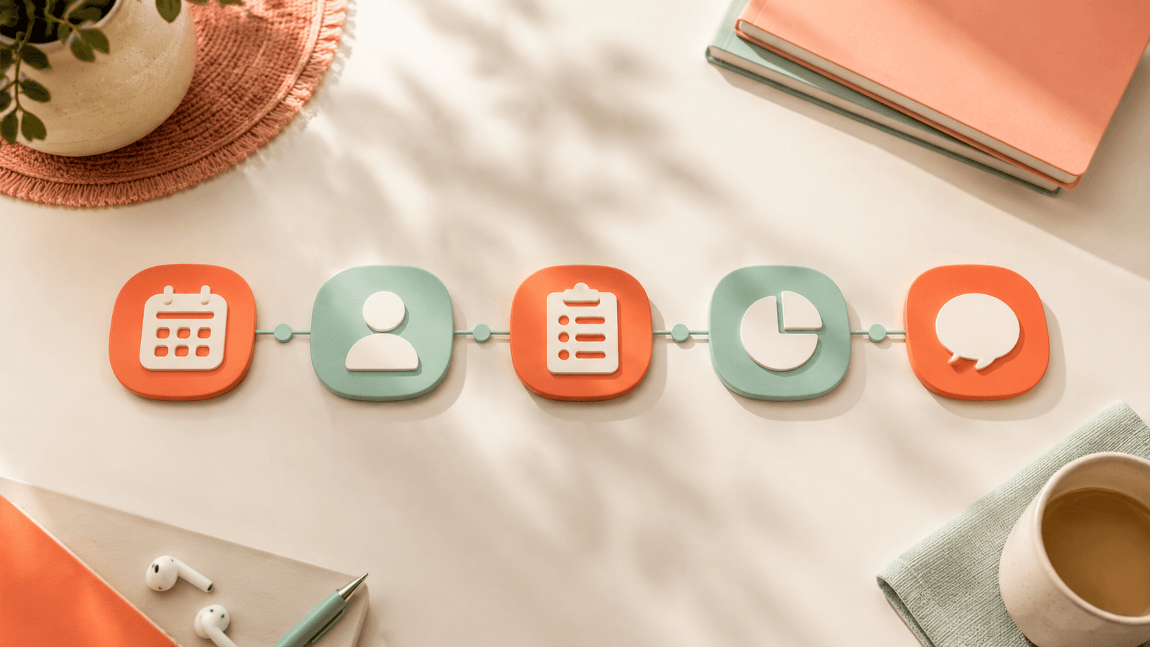 Five connected coral and mint tiles arranged as a booking configuration workflow