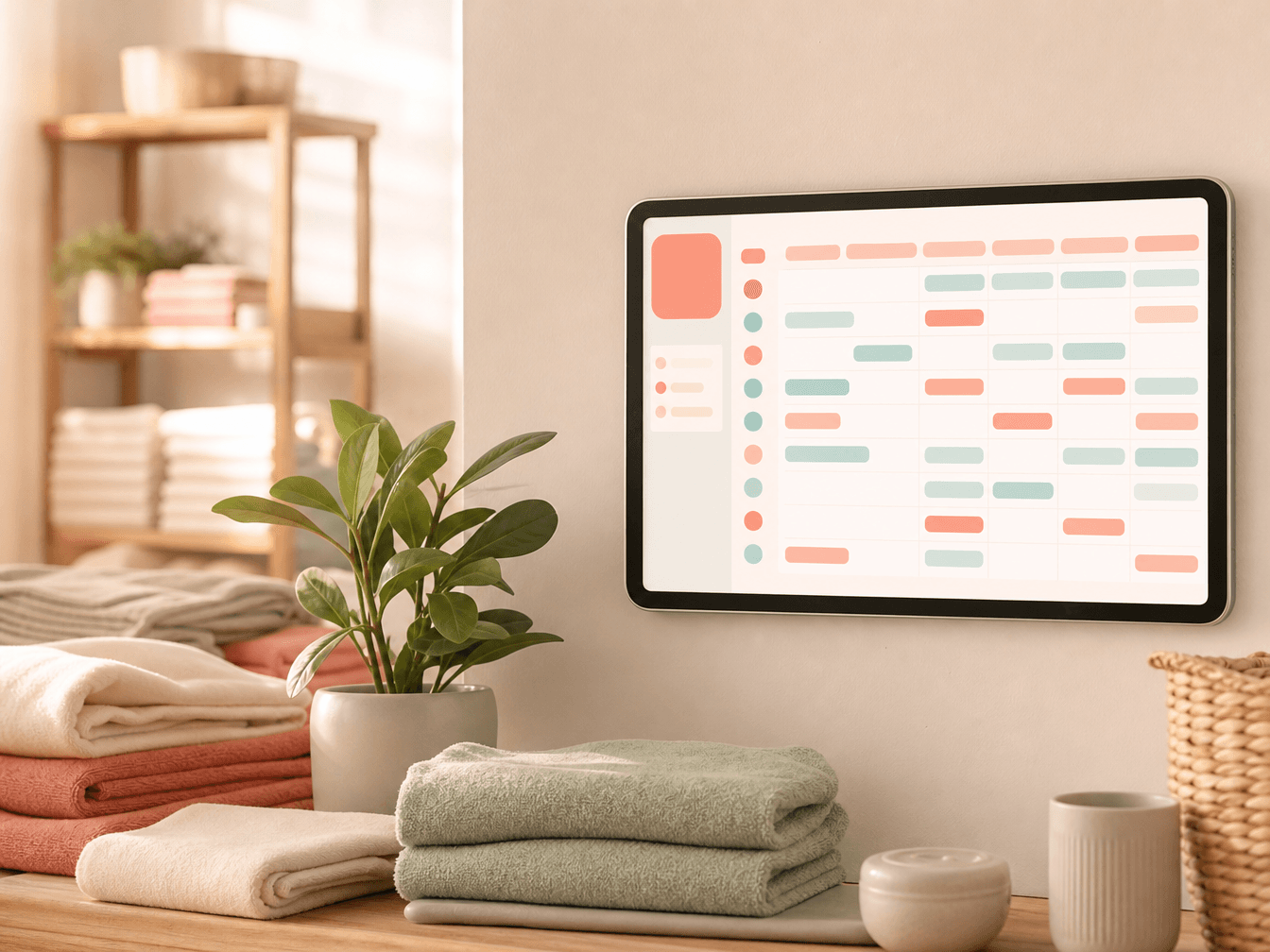 Back room tablet on a cream wall showing an illustrative weekly rota board